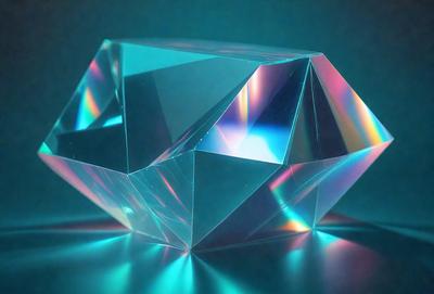 The primary subject of the image is a large, clear, and colorful crystal. The setting is a dark blue background, which contrasts with the vibrant colors of the crystal. The visual style is a combination of photo and digital art, creating a unique and eye-catching representation of the crystal. The colors and mood of the image are predominantly blue and purple, giving the scene a sense of depth and tranquility.