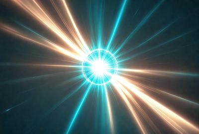 The primary subject of the image is a bright, colorful light source, possibly a neon sign or a light bulb, with a blue hue. The setting is a dark background, which contrasts with the bright light source. The visual style appears to be a digital art or illustration, as the light source is depicted in a stylized manner. The colors and mood of the image are vibrant and energetic, with the blue light source creating a sense of excitement and dynamism.