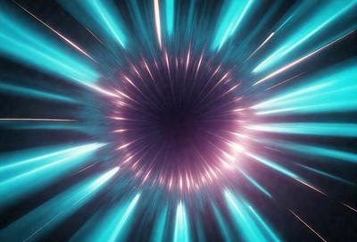 The primary subject of the image is a bright, colorful, and swirling light, which appears to be a neon light or a lightning bolt. The setting is a dark background, which contrasts with the bright light. The visual style of the image is a close-up of the light, emphasizing its vibrant colors and swirling motion. The colors and mood of the image are energetic and dynamic, with the bright light creating a sense of movement and excitement.
