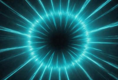 The primary subject of the image is a bright blue circle with a black center. The circle appears to be a light source, and the blue color gives it a vibrant and lively atmosphere. The setting is a dark background, which contrasts with the bright blue circle, making it stand out even more. The visual style of the image is a combination of a photo and digital art, as it captures the essence of a light source while also showcasing the digital artistic elements. The colors and mood of the image are