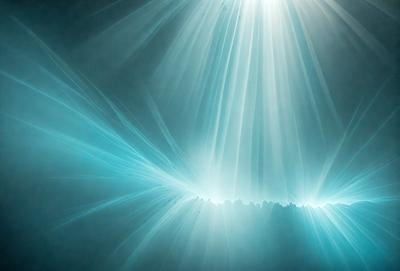 The primary subject of the image is a bright light source, possibly a sun or a light bulb, shining through a blue-tinted glass. The setting is a dark room, and the visual style appears to be a combination of a photo and digital art. The colors and mood of the image are predominantly blue, creating a serene and calming atmosphere.
