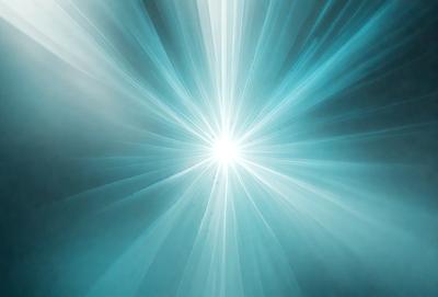 The primary subject of the image is a bright light source, possibly a sun or a light bulb, shining through a blue haze. The setting is a dark background, which contrasts with the bright light source. The visual style appears to be a digital art or illustration, as the light source is depicted as a bright, glowing circle. The colors and mood of the image are predominantly blue, with the bright light source creating a sense of depth and contrast against the dark background.