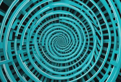 The primary subject of the image is a spiral pattern, which is a blue and white design. The setting is a black background, which contrasts with the spiral pattern. The visual style is a digital art or illustration, as the spiral pattern appears to be a part of a larger design. The colors and mood of the image are predominantly blue and white, creating a sense of depth and complexity in the spiral pattern.