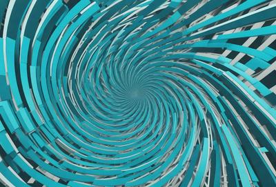 The primary subject of the image is a spiral pattern, which is a blue and white design. The setting is a circular surface, and the visual style appears to be a combination of photo and digital art. The dominant colors are blue and white, creating a calm and soothing atmosphere.