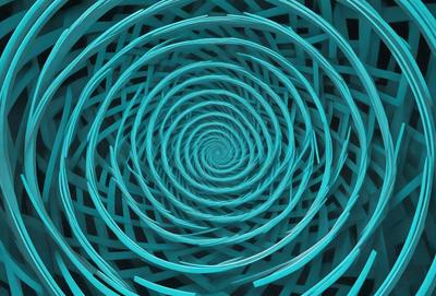 The primary subject of the image is a spiral pattern, which is a blue and white design. The setting is a black background, and the visual style appears to be a digital art or illustration. The dominant colors in the image are blue and white, creating a calm and soothing atmosphere.
