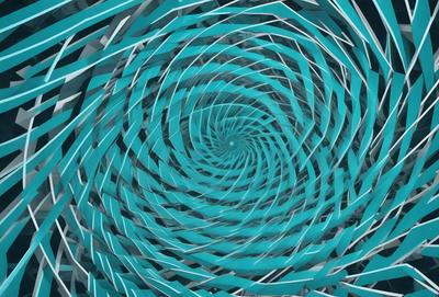 The primary subject of the image is a spiral pattern, which is a blue and white design. The setting is a dark background, which contrasts with the spiral pattern. The visual style is a combination of digital art and illustration, creating a unique and intricate design. The colors and mood of the image are predominantly blue and white, giving it a calm and serene atmosphere.