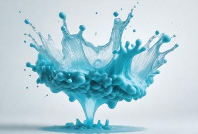 The primary subject of the image is a blue, foamy water splash. The setting is a white background, which provides a clean and minimalist appearance. The visual style is a digital art or illustration, as the water splash is depicted in a detailed and artistic manner. The dominant colors are blue and white, creating a calming and serene atmosphere.