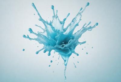 The primary subject of the image is a blue splash of water, which appears to be a digital art or illustration. The setting is a white background, and the visual style gives the impression of a painting or a graphic design. The dominant colors in the image are blue and white, creating a calm and serene atmosphere.