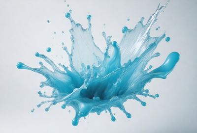 The primary subject of the image is a blue splash of water, which appears to be a digital art or illustration. The setting is a white background, and the visual style gives the impression of a painting or a watercolor. The dominant colors in the image are blue and white, creating a calm and serene atmosphere.