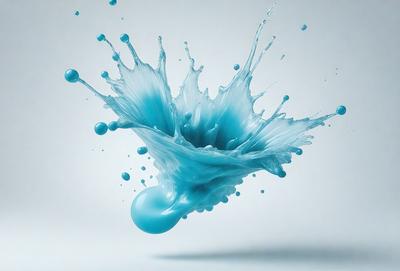 The primary subject of the image is a blue liquid, possibly milk, that is splashing or dripping onto a white surface. The setting appears to be a studio or a controlled environment, as the liquid is captured in mid-air. The visual style of the image is a combination of photo and digital art, creating a dynamic and artistic representation of the blue liquid. The dominant colors in the image are blue and white, giving the scene a clean and modern appearance.