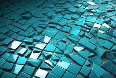 The primary subject of the image is a blue tile with shattered pieces of glass on it. The setting is a blue surface, possibly a wall or a floor. The visual style is a close-up of the blue tile with shattered glass pieces. The colors and mood of the image are predominantly blue, with a somewhat dark and moody atmosphere.