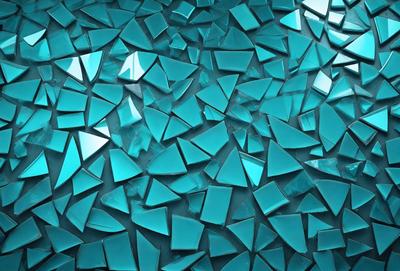 The primary subject of the image is a large number of blue glass shards or broken glass pieces. The setting is a blue background, which creates a striking contrast with the blue glass. The visual style is a close-up of the blue glass, showcasing its unique texture and appearance. The colors and mood of the image are predominantly blue, giving it a calm and serene atmosphere.