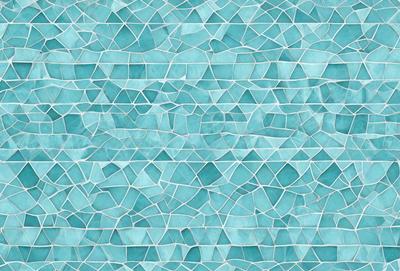 The primary subject of the image is a blue tile wall with a pattern of hexagons. The setting is a bathroom, and the visual style is a close-up of the tile wall. The dominant colors are blue and white, creating a calm and soothing atmosphere.