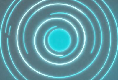 The primary subject of the image is a blue circle with a yellow center, which appears to be a neon light or a light source. The setting is a dark background, which contrasts with the bright colors of the circle. The visual style is a combination of digital art and illustration, creating a unique and eye-catching design. The colors and mood of the image are predominantly blue and yellow, with a sense of energy and vibrancy.
