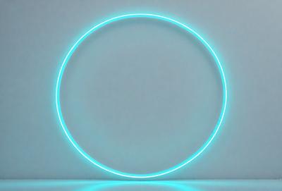 The primary subject of the image is a blue circle with a glowing, neon-like light. The circle is located on a white surface, which serves as the setting or background. The visual style of the image is a combination of a photo and digital art, creating a unique and eye-catching effect. The dominant colors in the image are blue and white, with the blue circle being the main focus and the white surface providing a clean and minimalist backdrop. The overall atmosphere of the image is one of modernity and s