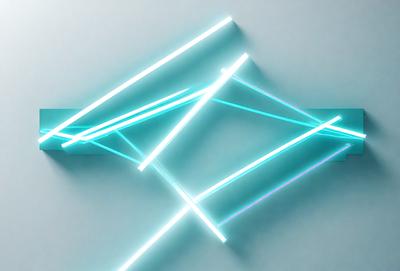 The primary subject of the image is a blue light, which is the main focus of the scene. The light is shining on a wall, creating a visually striking and futuristic atmosphere. The setting is a white wall, which provides a clean and minimalistic backdrop for the light. The visual style of the image is a combination of digital art and illustration, as the light appears to be a digital creation, while the wall provides a traditional illustration element. The colors and mood of the image are predominantly blue,