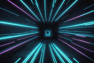 The primary subject of the image is a brightly colored tunnel with a neon light effect. The setting is a dark room, and the visual style appears to be a digital art or illustration. The dominant colors are blue, green, and purple, creating a vibrant and futuristic atmosphere.