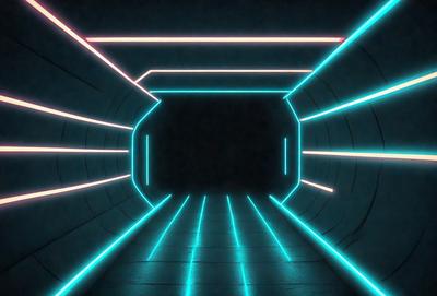 The primary subject of the image is a tunnel with a blue light illuminating it. The setting is a dark tunnel, and the visual style appears to be a digital art or illustration. The dominant colors are blue and purple, creating a moody and futuristic atmosphere.
