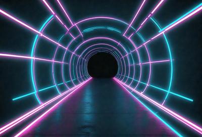 The primary subject of the image is a tunnel with a neon lighting effect. The tunnel appears to be a part of a futuristic setting, possibly a space station or a high-tech facility. The tunnel is illuminated with a combination of blue and pink neon lights, creating a visually striking and unique atmosphere. The overall mood of the image is futuristic and technological, with the tunnel serving as a central focal point.