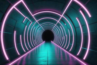The primary subject of the image is a tunnel with a blue and pink lighting effect. The tunnel appears to be a part of a futuristic setting, possibly a space station or a high-tech facility. The visual style of the image is a combination of photo and digital art, creating a unique and captivating atmosphere. The dominant colors in the image are blue and pink, which contribute to the futuristic and vibrant mood of the scene.