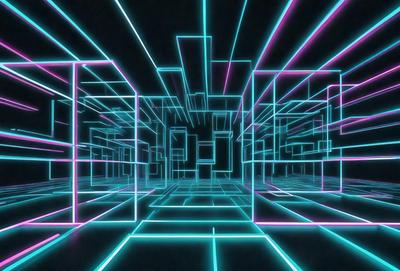 The primary subject of the image is a futuristic, neon-colored room with a black background. The room is filled with a variety of brightly colored, geometric shapes and patterns, creating a visually striking and unique environment. The visual style of the image is a combination of digital art and illustration, with the use of vibrant colors and intricate patterns to create a captivating and immersive atmosphere.