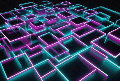 The primary subject of the image is a three-dimensional, neon-colored pattern or design. The setting is a dark background, which contrasts with the brightly lit pattern. The visual style appears to be a combination of digital art and illustration, creating a unique and eye-catching effect. The dominant colors in the image are purple and pink, giving the scene a vibrant and energetic atmosphere.