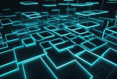 The primary subject of the image is a blue, neon-lit, three-dimensional grid pattern. The setting is a dark, blue-lit environment, which creates a contrasting and visually striking atmosphere. The visual style is a combination of digital art and illustration, as the grid pattern is created using a digital medium. The colors and mood of the image are predominantly blue, with a hint of green, giving it a futuristic and modern feel.