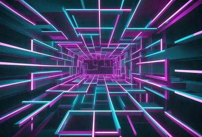 The primary subject of the image is a three-dimensional, neon-colored tunnel. The setting is a dark, futuristic environment, with the tunnel's walls and floor illuminated by the vibrant colors of the neon lights. The visual style is a digital art or illustration, creating a sense of depth and intrigue. The dominant colors are pink, blue, and purple, giving the scene a futuristic and surreal atmosphere.