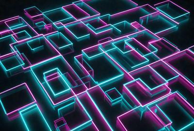 The primary subject of the image is a colorful, neon-lit maze. The setting is a black background, which contrasts with the vibrant colors of the maze. The visual style is a digital art or illustration, as the maze is composed of geometric shapes and lines. The dominant colors are pink and blue, creating a lively and energetic atmosphere.