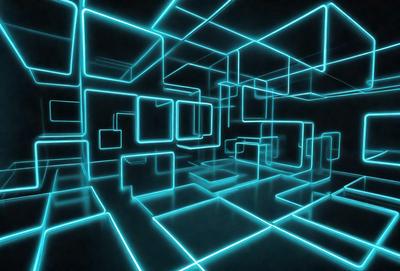 The primary subject of the image is a futuristic, neon-lit room with a black background. The room is filled with a variety of cubes and boxes, creating a visually striking and unique environment. The setting appears to be a futuristic space, possibly a part of a video game or a futuristic building. The visual style of the image is a combination of digital art and illustration, with the neon lights and cubes creating a distinctive and captivating atmosphere. The dominant colors in the image are