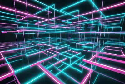 The primary subject of the image is a three-dimensional, neon-colored, geometric pattern. The setting is a dark room with a black background, which emphasizes the vibrant colors of the pattern. The visual style is a combination of digital art and illustration, creating a futuristic and surreal atmosphere. The dominant colors are pink, blue, and green, which contribute to the overall mood of the image.