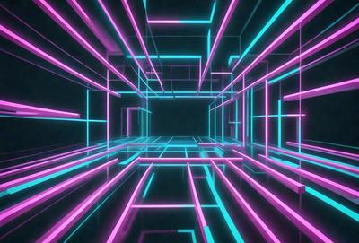 The primary subject of the image is a brightly colored, neon-lit tunnel. The setting is a dark, futuristic environment, with the tunnel being the main focus of the scene. The visual style is a combination of digital art and illustration, creating a vibrant and dynamic atmosphere. The dominant colors are pink, blue, and green, which contribute to the futuristic and psychedelic mood of the image.