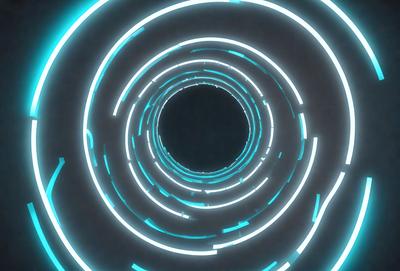 The primary subject of the image is a large, circular tunnel with a blue light illuminating it. The tunnel appears to be a part of a larger structure, possibly a space station or a futuristic building. The setting is a dark, enclosed space, and the visual style is a combination of a photo and digital art. The dominant colors are blue and black, creating a sense of depth and mystery in the scene.