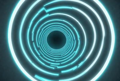 The primary subject of the image is a tunnel or a large tube with a blue light illuminating it. The setting is a dark environment, and the visual style appears to be a digital art or illustration. The dominant colors are blue and white, creating a cool and futuristic atmosphere.