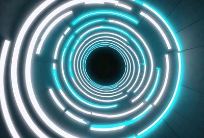 The primary subject of the image is a large, brightly lit tunnel with a blue and white color scheme. The tunnel appears to be a part of a futuristic cityscape, with a circular shape and a black hole in the center. The setting is a futuristic environment, and the visual style is a combination of digital art and illustration. The colors and mood of the image are predominantly blue and white, creating a sense of depth and a futuristic atmosphere.