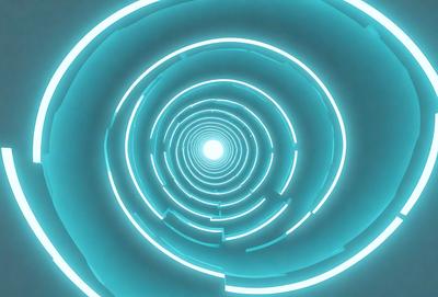 The primary subject of the image is a tunnel with a blue light illuminating it. The tunnel appears to be a long, curved passage with a circular shape. The setting is a dark environment, and the visual style is a combination of a photo and digital art. The dominant colors are blue and white, creating a calm and serene atmosphere.