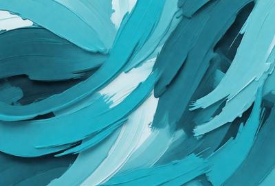 The primary subject of the image is a painting of a wave, featuring a blue and white color scheme. The setting is a canvas, and the visual style is a painting. The dominant colors are blue and white, creating a serene and calming atmosphere.
