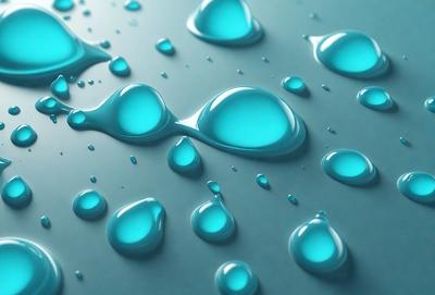 The primary subject of the image is a close-up of a blue surface with numerous blue droplets of water. The setting is a blue background, and the visual style appears to be a photo. The colors and mood of the image are predominantly blue, creating a calm and serene atmosphere.