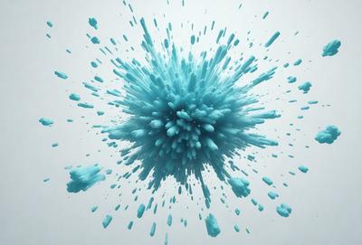The primary subject of the image is a blue and white explosion, which appears to be a digital art or illustration. The setting is a cloudy sky, and the visual style is a mix of digital art and illustration. The dominant colors are blue and white, creating a vibrant and energetic atmosphere.