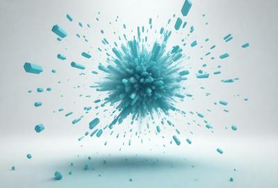 The primary subject of the image is a blue and white explosion, which appears to be a digital art or illustration. The setting is a white background, and the visual style is a combination of digital art and illustration. The dominant colors are blue and white, creating a vibrant and energetic atmosphere.