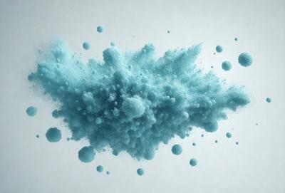 The primary subject of the image is a blue substance, possibly a powder or a liquid, that is dispersing into the air. The setting is a white background, which provides a clean and minimalistic environment for the visual display. The visual style appears to be a combination of a photo and digital art, as the blue substance is captured in a close-up shot while the overall composition and color palette suggest a digital artwork. The colors and mood of the image are predominantly blue, creating a sense of calmness