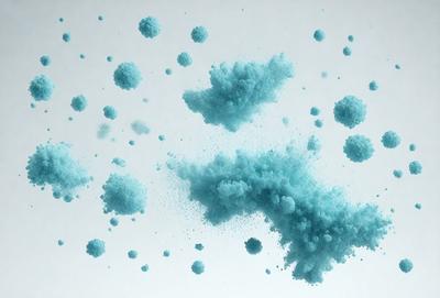 The primary subject of the image is a blue powder or substance, which appears to be floating or flying in the air. The setting is a white background, which provides a clean and uncluttered environment for the powder to be the main focus. The visual style of the image is a combination of a photo and digital art, as it captures the movement and texture of the powder in a realistic yet artistic manner. The dominant colors in the image are blue and white, creating a sense of calmness and tranqu