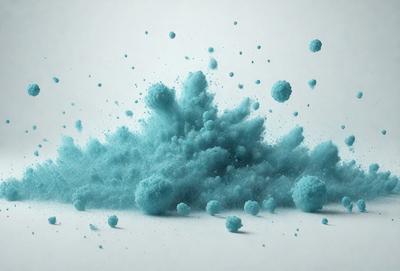 The primary subject of the image is a blue substance, possibly a powder or a liquid, that is being blown or dispersed into the air. The setting is a white background, which provides a clean and uncluttered environment for the visual display. The visual style appears to be a combination of a photo and digital art, as the blue substance is captured in motion and the overall composition gives a sense of depth and movement. The colors and mood of the image are predominantly blue, which creates a sense of calm