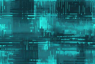 The primary subject of the image is a blue and green patterned background. The setting is a cloudy sky, and the visual style appears to be a digital art or illustration. The dominant colors are blue and green, creating a calm and serene atmosphere.