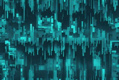 The primary subject of the image is a blue and green patterned background. The setting is a dark, blue-green environment, which creates a moody atmosphere. The visual style is a combination of digital art and illustration, with a focus on the vibrant colors and intricate patterns. The overall mood of the image is mysterious and captivating.