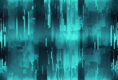 The primary subject of the image is a blue and green patterned background. The setting is a dark, blue-green environment, which creates a moody atmosphere. The visual style is a combination of digital art and illustration, giving the image a unique and artistic appearance. The dominant colors are blue and green, with some purple accents, contributing to the overall mood of the image.