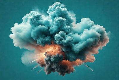 The primary subject of the image is a large, colorful cloud that appears to be exploding. The cloud is blue and pink, and it is surrounded by a blue sky. The setting is a vast, open space, and the visual style is a combination of photo and digital art. The dominant colors and overall atmosphere of the image are energetic and vibrant, with the cloud's explosion creating a sense of movement and dynamism.