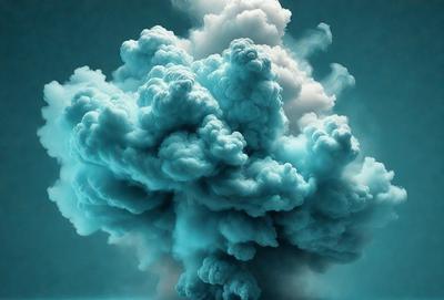 The primary subject of the image is a large, blue, cloud-like structure with a smoky appearance. The setting is a blue sky, and the visual style is a digital art or illustration. The dominant colors are blue and white, creating a serene and calming atmosphere.