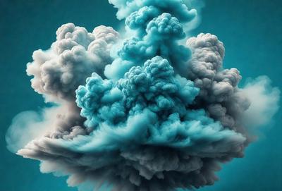 The primary subject of the image is a large, blue cloud with a smoky appearance. The cloud is surrounded by a blue sky, creating a striking contrast. The setting appears to be a cloudy day, with the cloud being the main focus of the scene. The visual style of the image is a combination of photo and digital art, giving it a unique and artistic appearance. The dominant colors in the image are blue and gray, with the blue cloud being the most prominent feature. The overall atmosphere of the image is one of beauty and