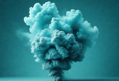 The primary subject of the image is a large, blue, cloud-like object that appears to be exploding or blowing up. The setting is a blue background, which adds to the overall visual style. The image is a digital art or illustration, showcasing the cloud's dramatic and dynamic nature. The dominant colors are blue and white, creating a sense of motion and energy.